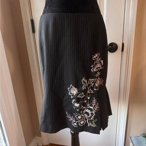 LOFT Black Pinstripe Knee-Length Wool Blend Skirt with Floral Embroidery
